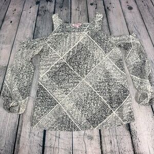 Juicy Couture Y2K Cold Shoulder Blouse Black Cream Abstract Speckled Print Small